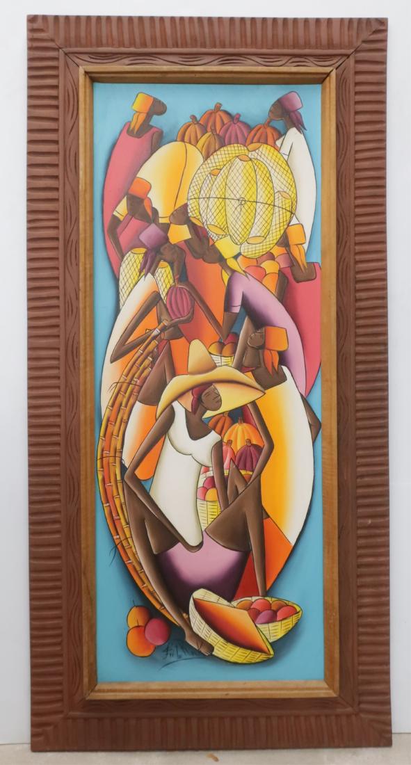 Fritz Rock, Abstract Market Scene, O/C: Fritz Rock (Haitian, 1944-1976) Abstracted market scene. Signed LCL. Carved, painted wood frame. Sight 35.5"H x 13.5 framed 43.23 x 21.25 CAPS7222 JP