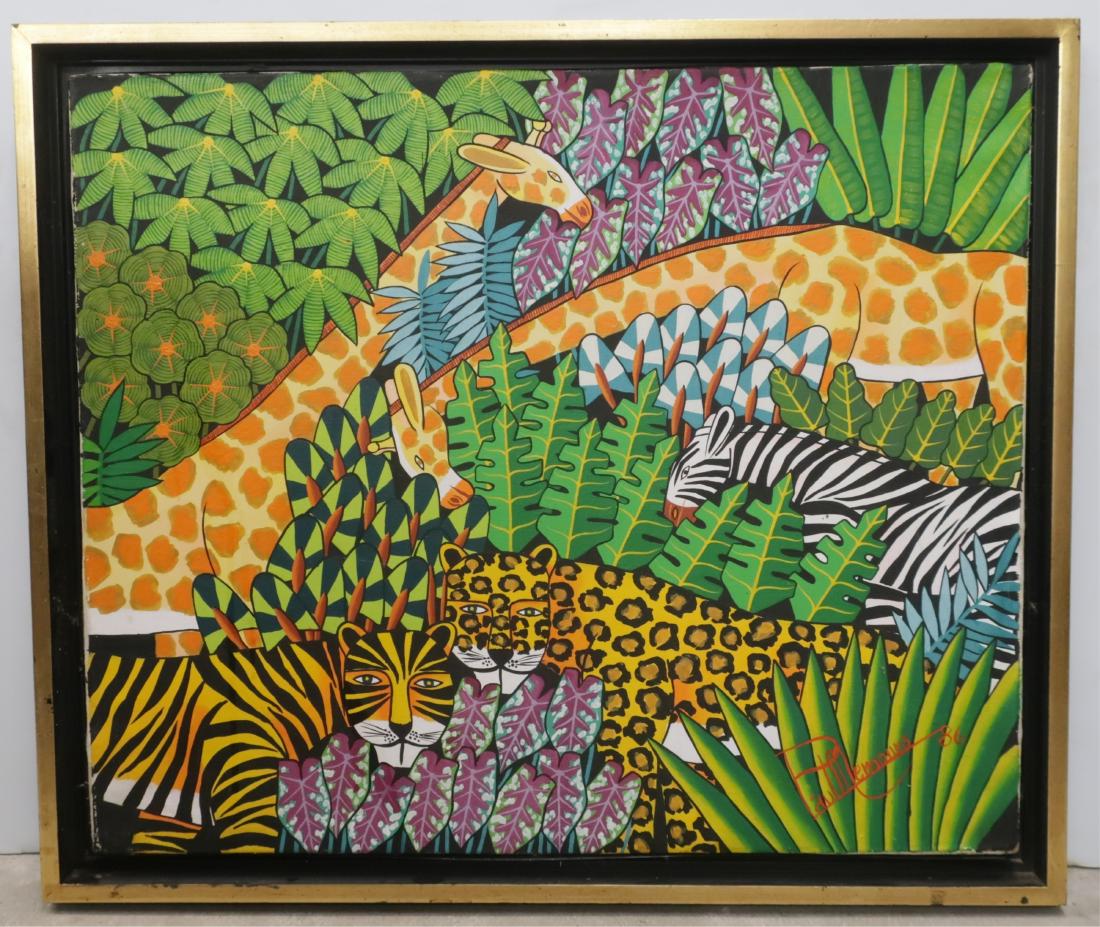 Paul Memours "Haitian Jungle (Giraffe)" O/C: Signed and dated ('86) LR. Set in frame. canvas 20"H x 24 framed 22 x 26 CAPSH7225 JP