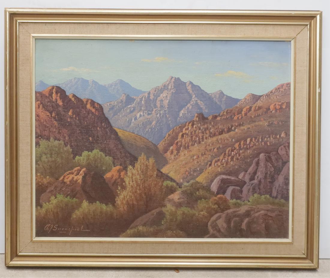 A.J. Swanepoel Landscape O/B: Oil on canvas board. "Near Caledon - C.P." verso. Signed LL. Framed. sight 13.75"H x 17.5 framed 18 x 21.75 CAPS7227 JP