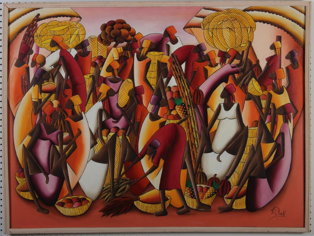 Fritz Rock, Market Scene, O/C: Signed LR. Wood frame. canvas 36"H x 48 overall 37 x 49 CAPS7229 JP