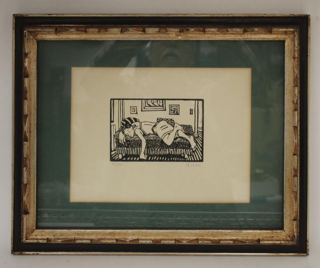 Aiello Block Print Reclining Figure: Edition numbered 4/95 LL, signed LR, both in pencil. Matted and attractively framed. image 4"H x 6 sight 8.5 x 11 Framed 15 x 19 ABAU7238 JP