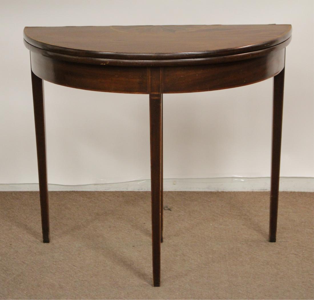 Mahogany Inlaid Games Table with Stencil Motif: Mahogany Band Inlaid Games Table with Stenciled Floral Motif along top, rear center leg with games storage compartment 31 x 36 x 18 GORM5189 MM