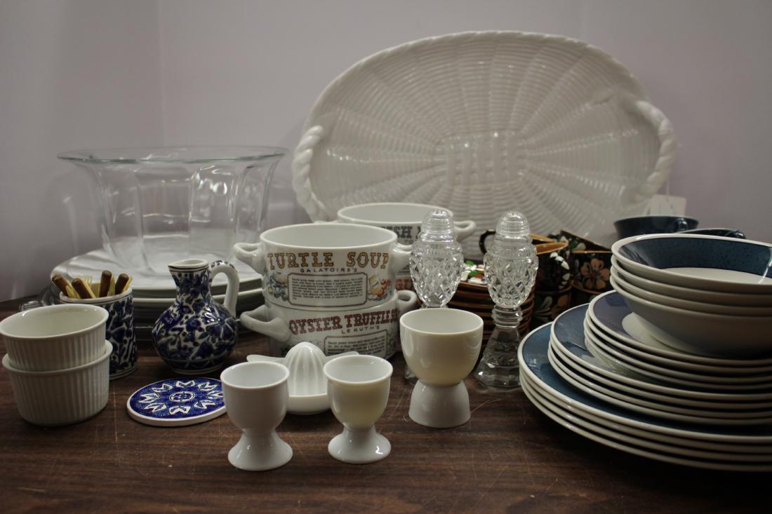 Asssortment Table Serving Wares: Dinner/ lunch plates, bowls, C & S by Churchill (England); glass bowls and platters; ramekins;egg cups;floral on dark brown painted demitasse; two handled soup bowls; white ceramic platter; petite jui