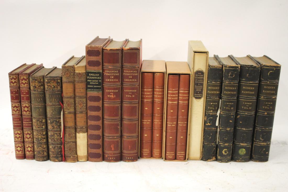 Leather Bound Book Lot: 18-20th C. Leather bound books on artists, furniture. To include: - Modern Painters, Vosl 1, 3, 4, 5 John Ruskin, Smith & Elder, London 1851 - Divine Comedy, Dante, Pantheon, NY 1948 illustrated by Do