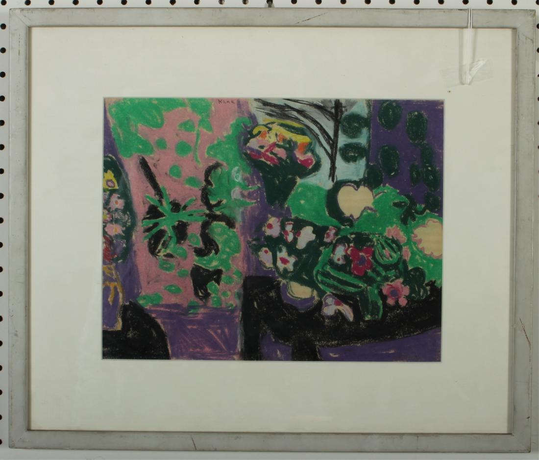 Bob Kane (1937-2013) Floral Abstract Pastel: Color pastel on paper. Signed "Kane" in pencil top center. Bertha Schaefer label verso. sight 10.5"H x 13.5 framed 17.5 x 21 CAPS7284 JP