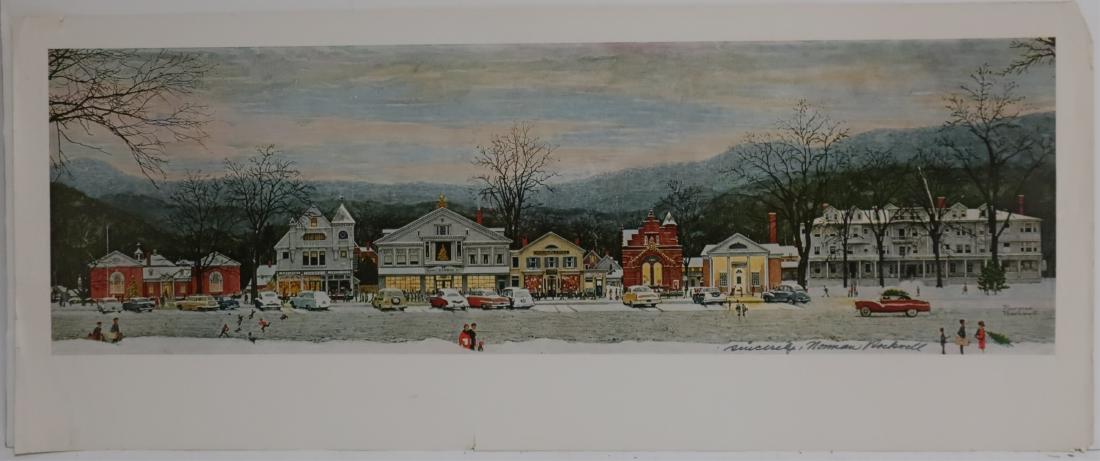 Norman Rockwell Signed Print, "Stockbridge": Lithograph Main St. Stockbridge, Mass. at Christmas. Signed in black felt tip pen LR. image 9"H x 28.75 paper 12.75 x 30.75 CAPS7300 JP