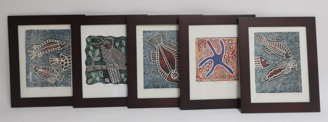 Munganbara Aboriginal 20/21st c, 5 linocuts: Barra Mundi dreaming and others. Pencil signed, titled and numbered. frames; 17 by 14 ROCO7302/5 WT