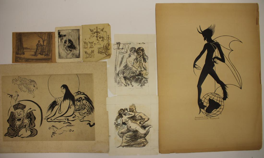 Figures in Various Media: Etchings, Ink, Prints: Two color litho. signed (Lovis) Corinth; small pen and ink of cherubs/angels; pencil sketch for a stage setting; small etching; Asian print; print on paper by Annemarie Dabkonez.. Corinths 6.75" x 5 e