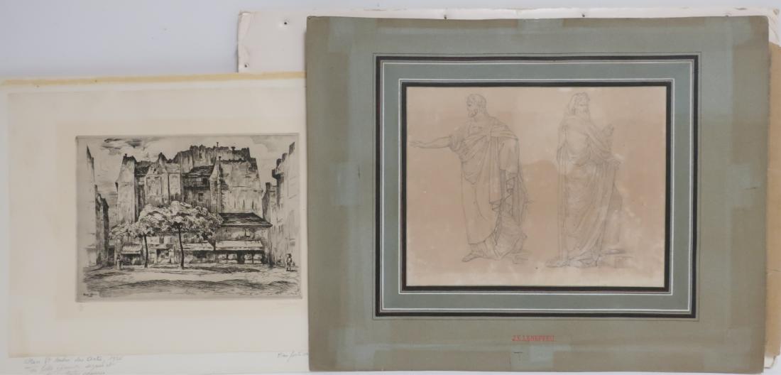 J.E. Lenepveu Print and E.Laborde Etching: E.Laborde (Fr. 1870-1935): edition 72/75 LL and signed LR both in pencil, signed and dated (1926) in plate, "Place St. Andre des Arts 1926". Matted, no frame. Lenepveu: J.E.L. initialed LR, titled mat