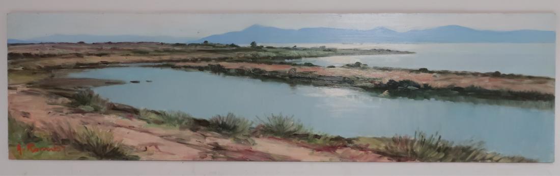 Angela Romby, Marsh in Sicily, O/B: Angela Romby, Italian, 20th C., Marsh in Sicily, oil on board 7 1/2 x 27 1/2 HEAR7356 MM