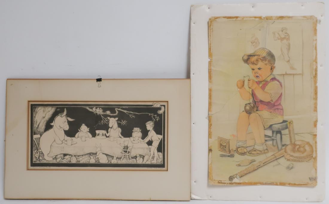 Two Vintage Children's Themed: Litho and a Drawing: Lithograph by Dorothy Lake Gregory (1893-1970), black print on paper titled "Eeyore's Birthday Party", signed LR, titled LL, both in pencil, matted. Boy in baseball themed drawing trying to sew a base