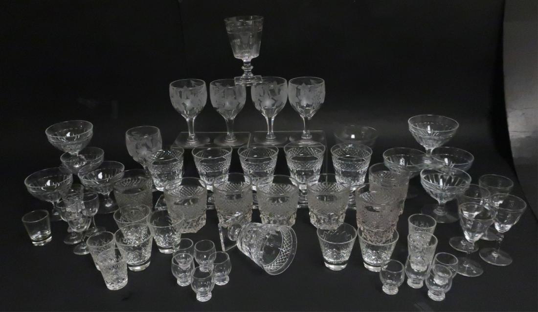 Large Lot of Pressed, Cut, Etched Glass Stemware: Large Lot of Pressed, Cut, Etched Glass Stemware, includes Georgian style square footed wine glasses, etched grape wine glasses, cordials, pressed glass tumblers,hand blown cordials, and sundae cups V