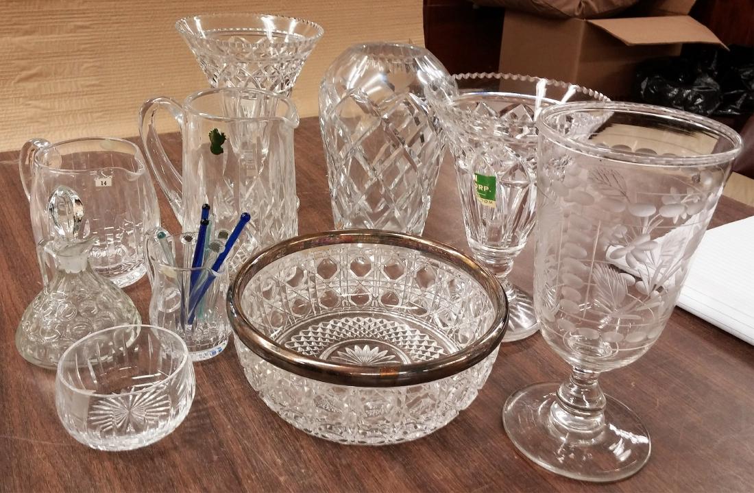 Vintage Cut Glass Serving Forms: Pair fluted vases, etched vase, basketweave/lattice vase, Waterford pitcher (labeled) , three Stuart (England) crystal, Royal (Germany) lead crystal bowl with plated rim, cruet, set of glass stirrers.