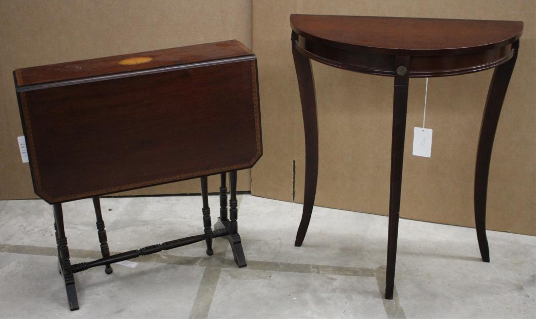 2 Mahogany Tables, Sunderland & D-Shape Bombay: Sunderland is inlaid with drop sides. D-Shape by Bombay Company. 25 h by 24 w by 6.5 closed. each leaf 11.75. D-Shape; 28 h by 24 w by 12 d ABAU7395/2 WT