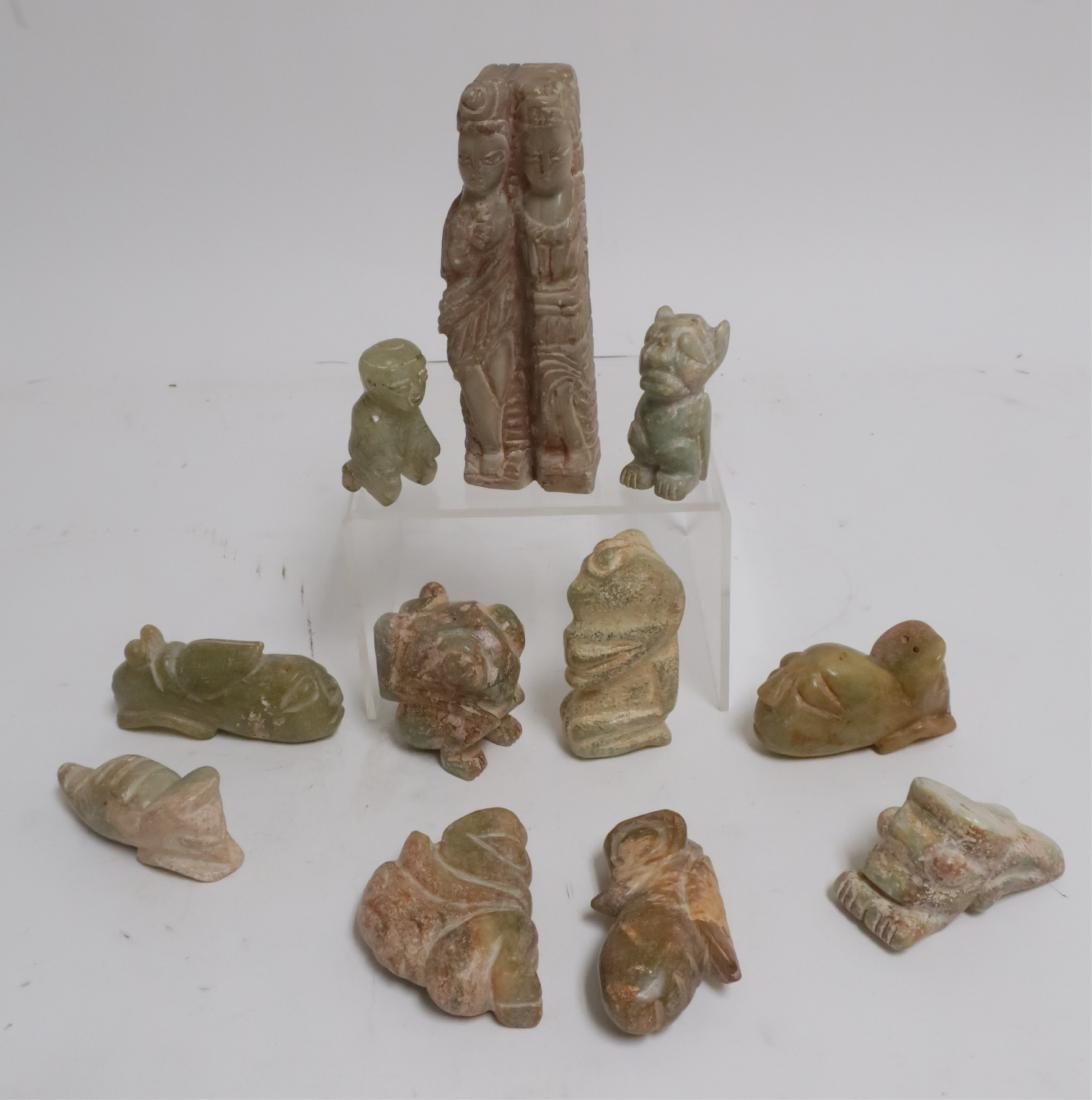 11 Chinese Carved Soapstone Figs/Animals, Archaic Style: Largest; 6 h Smallest; 2.5 l GSCH7408 WT