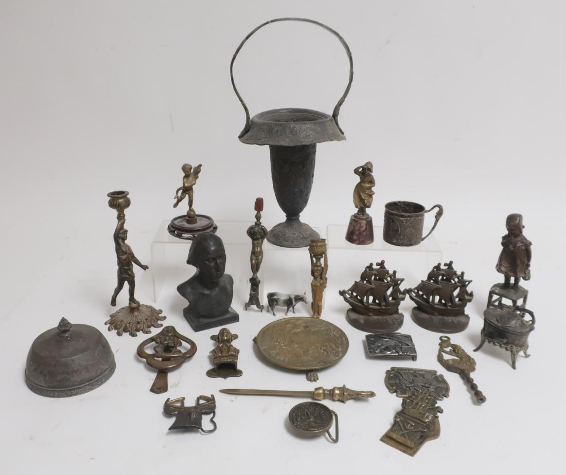 24 Mixed Metal Objects, Bronze & Other: American & European, largely bronze, includes Niagra Falls sovenier, Bust of George Washington, Mayflower bookends, letter openers, figures and a obelisk base. largest vase; 14.5 h by 7.5 dia smallest