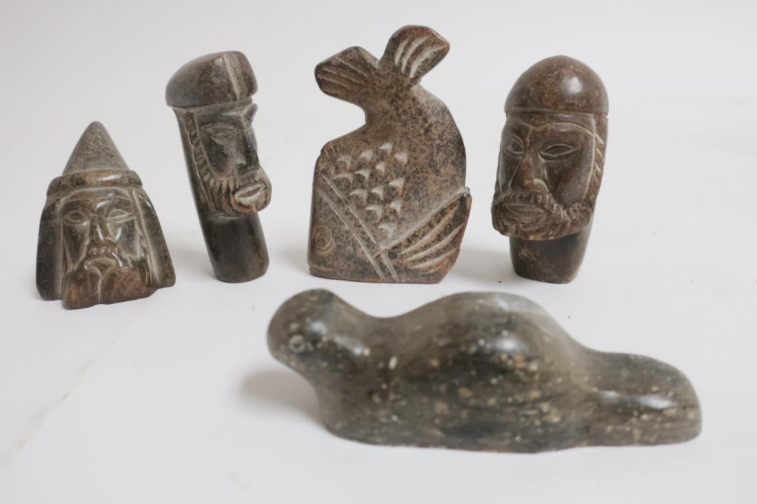 5 Soapstone Heads & Animals, Poss. Easter Islands: Fish; 3.25 h Seal; 1.25 h GSCH7417/4 WT