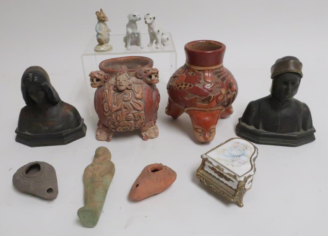 11 Mixed Objects, Pottery, Porc, Bronze Bookends: 11 pieces; vases, figures, animals, lamps, bronze bookends, piano form music box. Largest vase; 7 h by 6 dia Smallest vase; 1.25 h GSCH7420/11 WT
