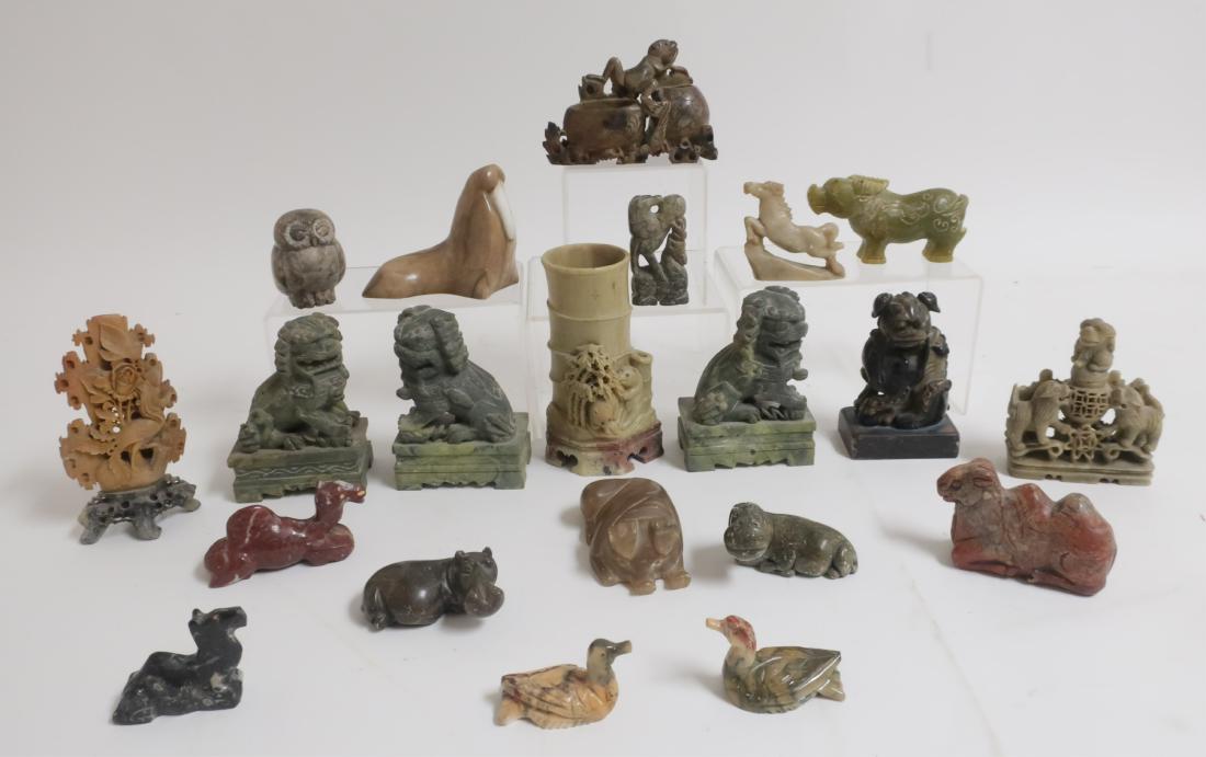21 Chinese Soapstone Animals Etc.: Vase; 6" h Smallest duck; 1.75" h GSCH7423/21 WT