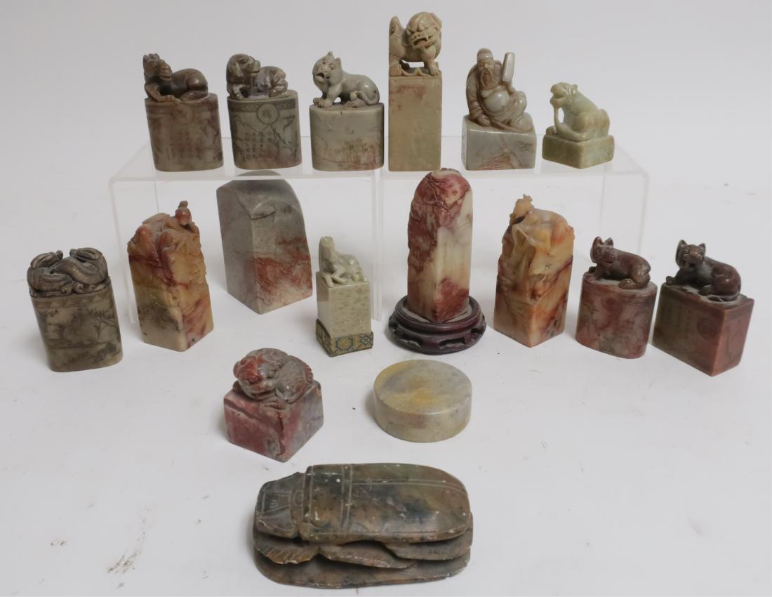 16 Chinese Soapstone Seals, Carved Animals/Figures: Tallest; 4 h Smallest; 1.5 h by 4 l GSCH7424/16 WT
