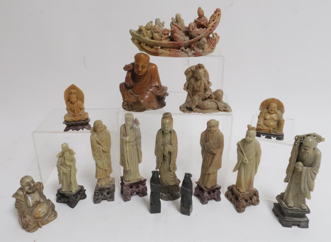 15 Chinese Carved Soapstone, Figures & Others: Tallest; 8.25 h Smallest; 3 h GSCH7425/15 WT