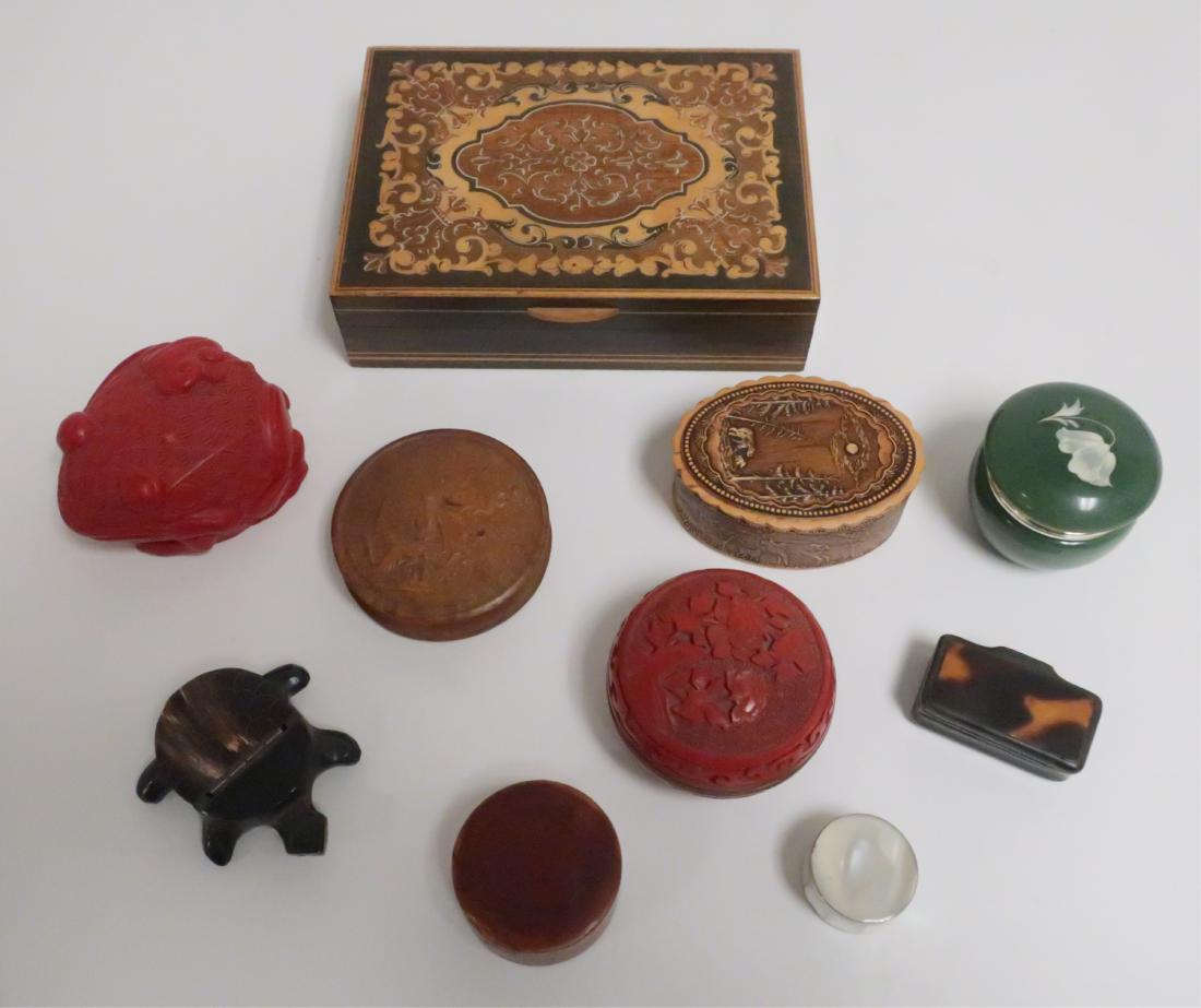 10 Small Boxes, Cinnabar, MOP, Plastic, Alabaster: largest; 1.75 by 6 l smallest; .75 h by 1 dia. ABAU7446/10 WT