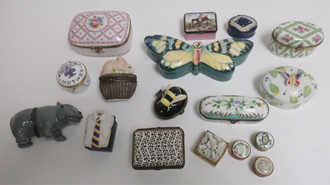 17 Small Boxes, Battersea Enamel, Pottery, Biscuit: Smallest; 5/8 " by 7/8" dia largest; 1.5" h by 6.25" l ABAU7447/17 WT
