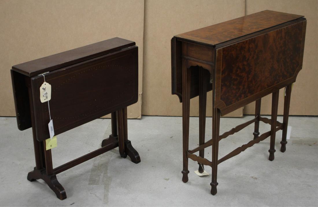2 Sutherland Tables: 1-Burl Walnut, 1-Mahogany Larger; 26.5 h by 26 l by 8 w. with leaf 11.25 w. each. ROCO7465/2 WT