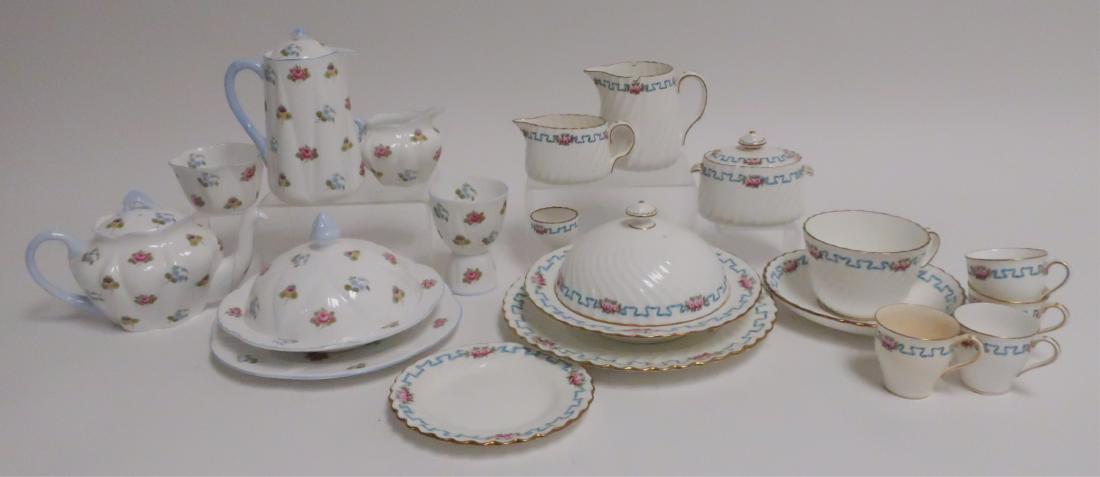 Partial Mintons / Shelley Porcelain Tea Services: Partial Mintons/ Shelley Porcelain Tea Services, includes lidded bowls, cups,saucers,teapots,etc. Varies from 7 x 6 teapot, egg cup 2 1/4 x 1 3/4"diameter ROCO7486/LOT MM