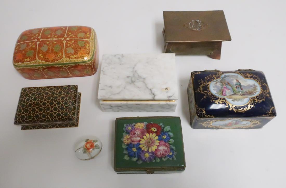 7 Porcelain,Metal, Stone,etc. Storage Boxes: 7 Decorative Porcelain, Metal and Alabaster, Inlaid and Papier mache Storage Boxes , most hinged, includes Dresden Porcelain, Limoges France, Italian Alabaster, European Floral Painted Porcelain, Copp