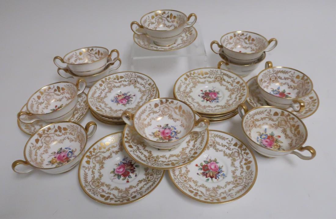 Copeland Spode Floral Porcelain, 10 Soup/Saucers: 24 Pcs. English Copeland Spode China, includes 10 soup bowls and saucers and 4 additional saucers, Davis Collamore and Co., Ltd. 3 x 6 ROCO7489/24 MM