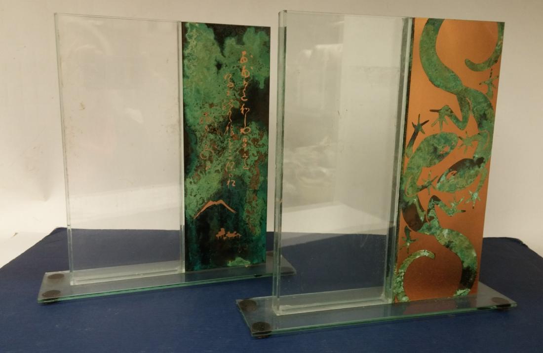 Lee and Lynn Davis Glass and Bronze Etched Vases: Lee and Lynn Davis of Willets, Ca.Contemporary Glass and Bronze Etched Vases, one with lizard design another with Mt. Fuji and inscribed script 12 1/2 x 12 x 3 ROCO7498 MM