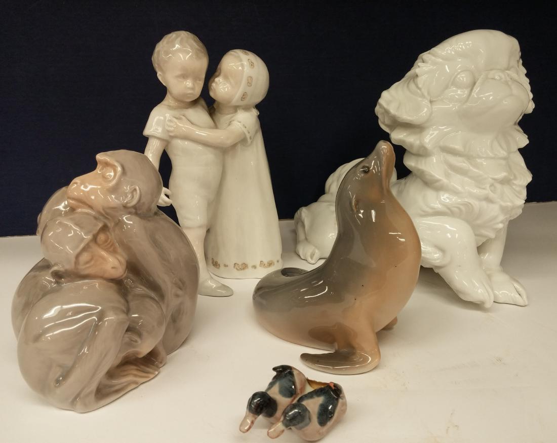 Rosenthal,B&G,Royal Copenhagen Porcelain Figures: Danish and Bavarian Porcelain Figures, includes Bing &Grondahl monkeys and children Royal Copenhagen seal and Rosenthal dog, impressed M.F. Flinsch Ducks 2"H, Ducks 7" ROCO7500/5 MM