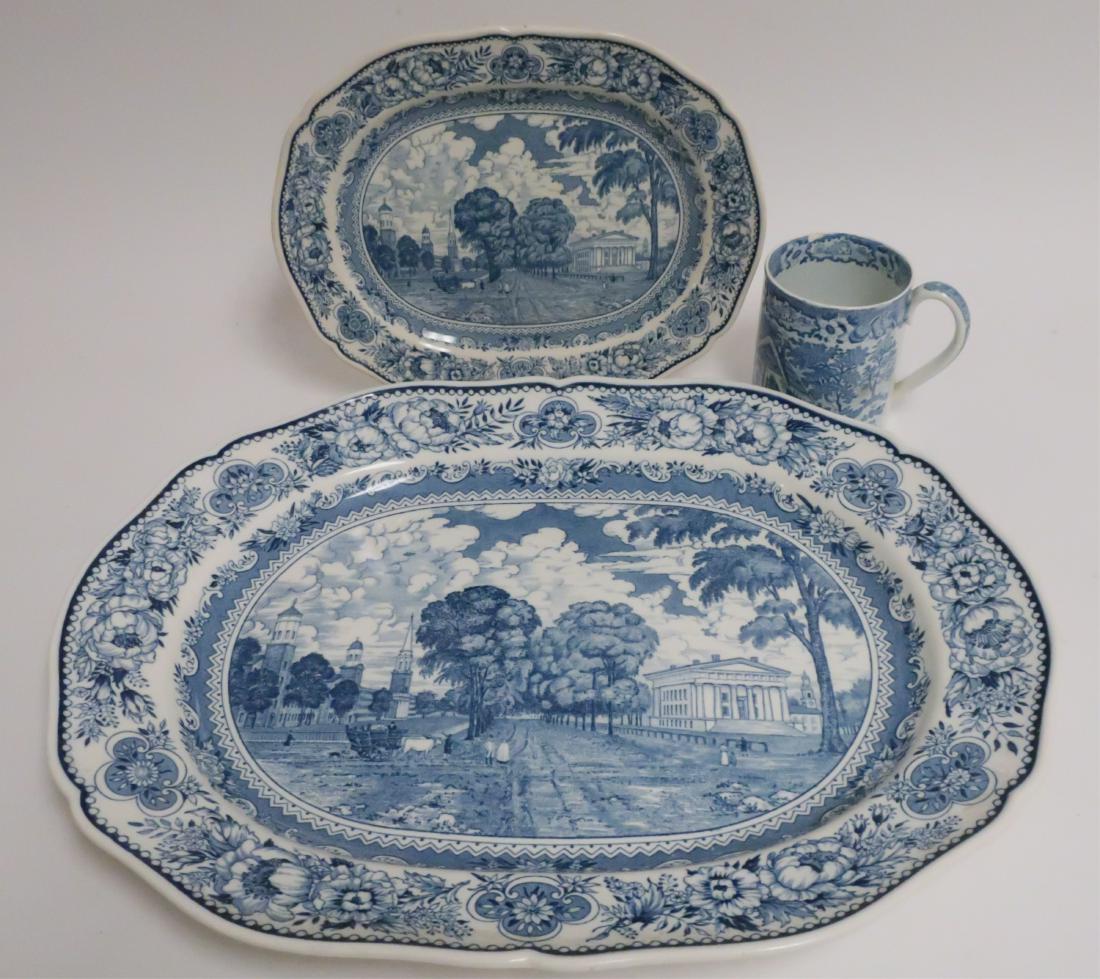 3 pcs of Blue & White Porcelain, 19-20th c: Pearlware transfer mug and 2 Wedgwood Yale Collage and State House platters. Turkey platter; 20 by 16 Mug; 4.25 h by 5.25 w ROCO7504/3 WT
