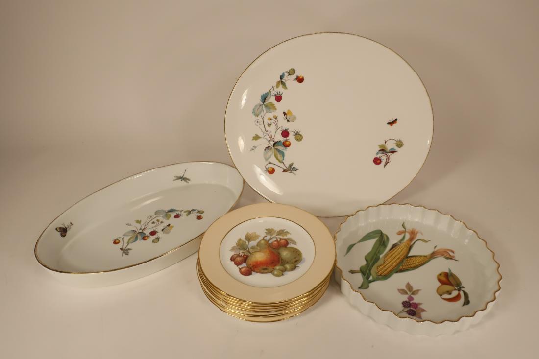 Porcelain Serving Items and Salad/Dessert Plates: (8) Hammersley & Co. salad/dessert plates, mildly scalloped edges; Royal Worcester oval shaped sided casserole/serving dish in "Shape 30, Size 8". Royal Worcester for T. Goode & Co. LTD oval serving p