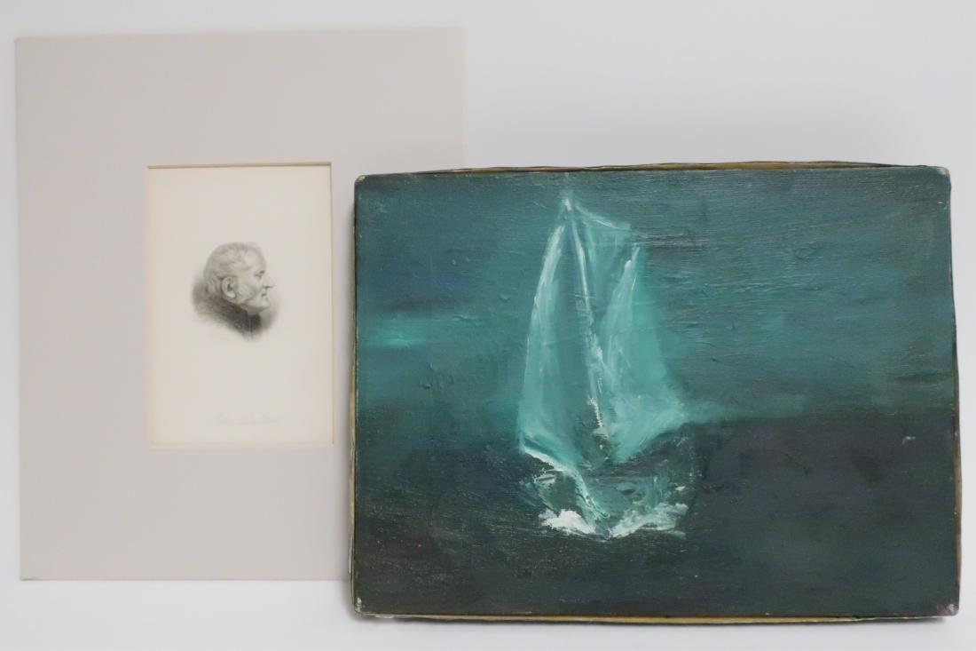 Book Page, J. Dalton by C.H. Jeens & a O/C: Image of John Dalton (1766-1844) titled "Engraved By C.H. Jeens From A Dagguerreotype". Matted. In Ryder-like style, a ghostly white sailboat on darkened seas O/C; Not signed; possibly unfinished. pag