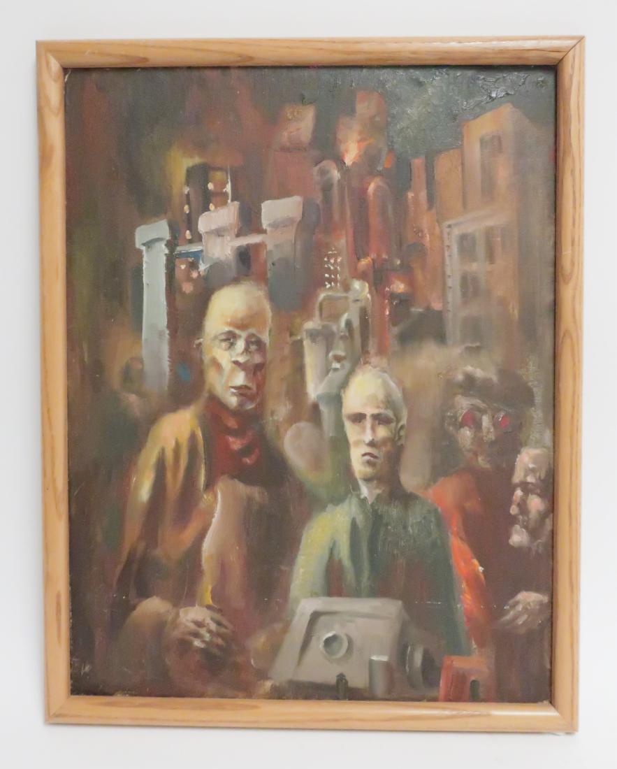Foreground Figures, Night Industrial/City O/B: Not signed. (A listing attributes to a Milton Okun, but not determined or familiar). Wood frame. board 18"H x 14 framed 19 x 15 LDI7583 JP