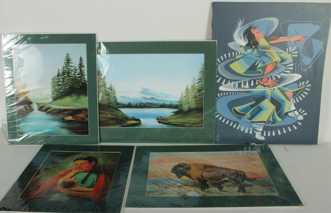 Native American and Landscapes: A/C, Prints: Acrylic on canvas by Richard Red Owl, signed LL, additional printed info. included. 4 shrinkwrapped lithos. in green mats, two signed Short Bull, two landscapes. A/C 30" x 24 sight e.g. 19.5 x 16 matt