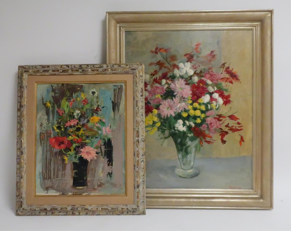 2 Polly Jennings (Amer. 20C) O/ C Florals: O/canvasboard titled " End of Summer, 1961"; signed LR; polychromed carved frame, linen mat w/ gold liner; label verso. Flowers in vase still life O/C, framed. sight 19.75"H x 15.75 framed 27 x 23. O/