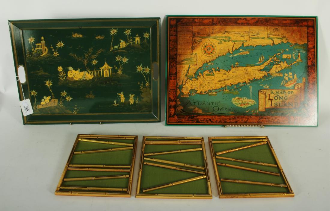 Painted Chinoiserie Tray, "Bamboo" Boards, LI Map: Green and gold painted tray; 3 wall hanging gilt painted faux bamboo stylized panels w/ green fabric background, magnetic moveable "bamboo" pieces; hardboard panel as table cover (placemat) or wall ha