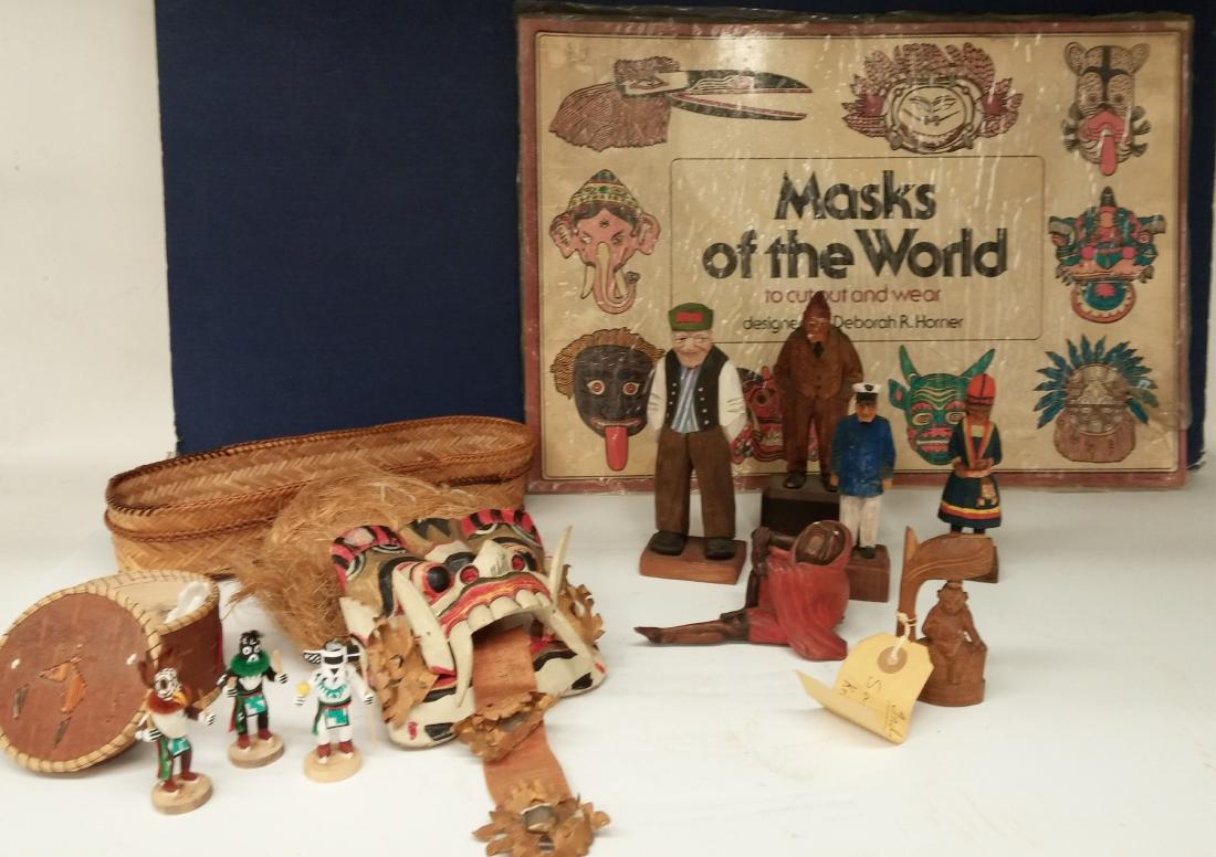 Global Wooden carved Figures, N.Am, India & others: 9 Global Carved Wooden Figures, includes 3 Miniature Native American Fetish, Balinese, Indian and others along with 2 Baskets and a Vintage Book of paper masks Varies ROCO7593/13 MM