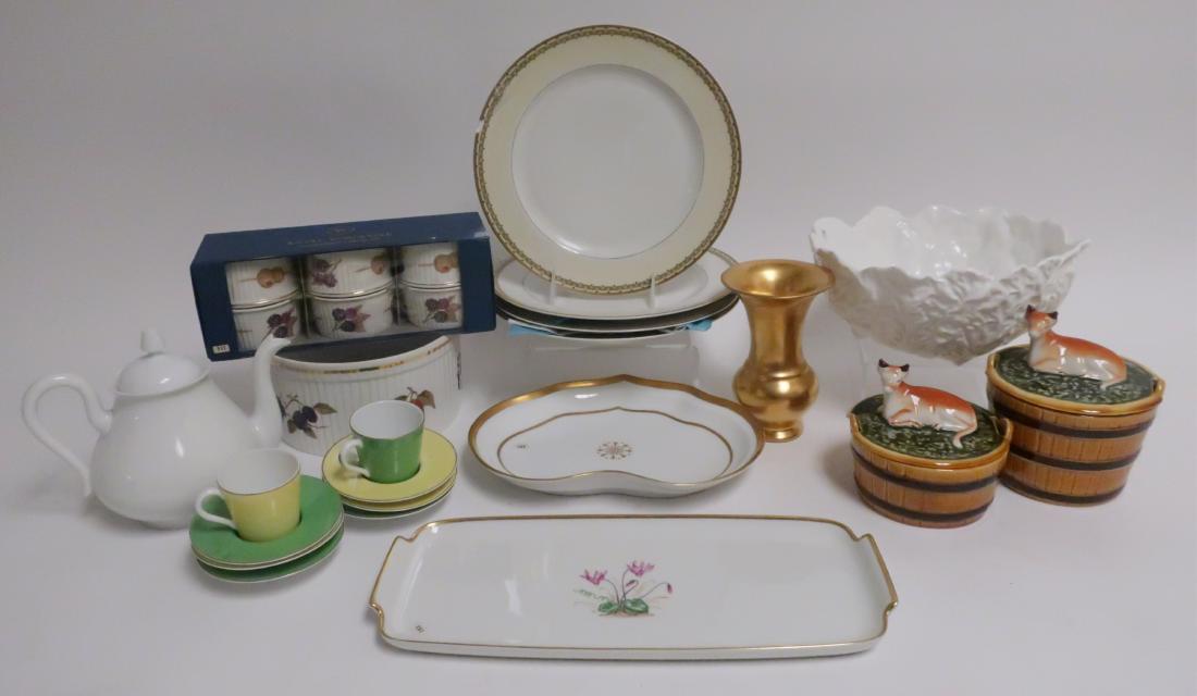Wien,Royal Worcester, Vista Alegre,Limoges,etc.: Mixed group of European 20th C. Porcelains, includes Wien Porcelain Platter, along with Royal Worcester bowls, mixed group of Vista Alegre and Secla of Portugal,Limoges Plates and Teapot, Coalport bow