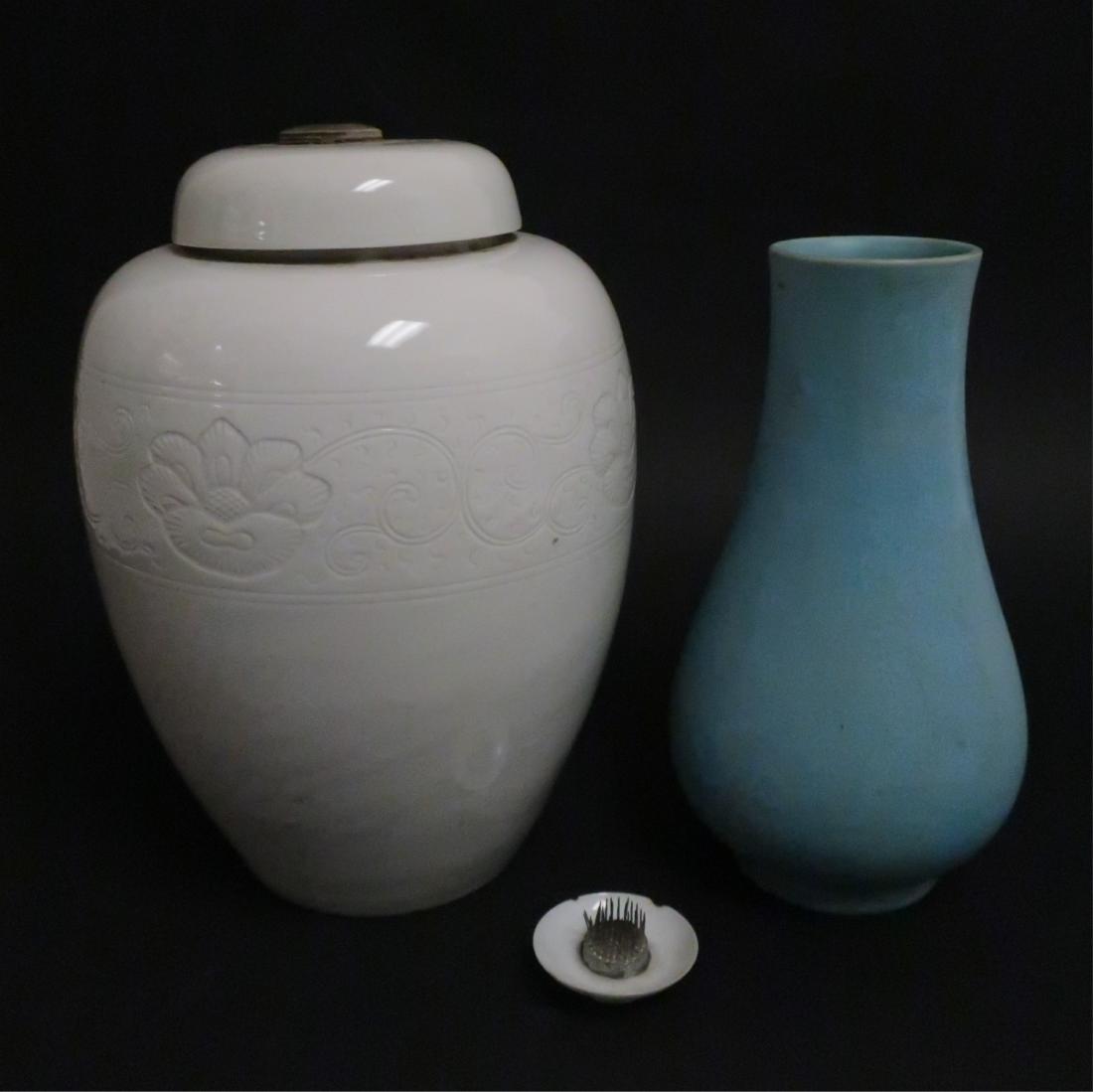 3 Asian Porcelains, Vase and Ginger Jar: 3 Asian porcelains, Two Vases formerly lamp bases along with crane decorated and signed flower holder 1,9 and 10 inches tall ROCO7601/3 MM