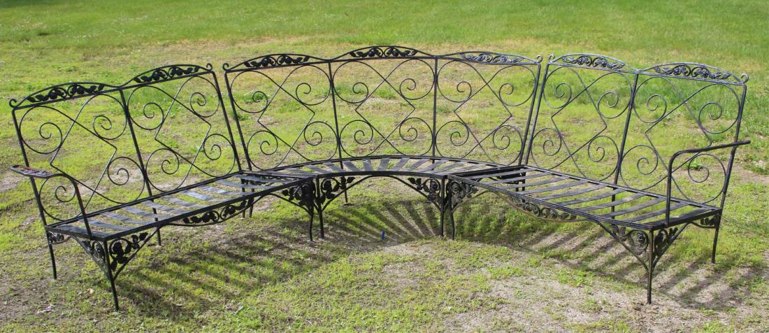 3 Section Outdoor Garden Sectional Set: Black painted iron garden set, one curved section, two opposite end sections. Overall 3 sections together: 10'6" W x 67"D x 33"H. Curved center section by itself is: 66"W x 36"D x 33"H, the two end pi