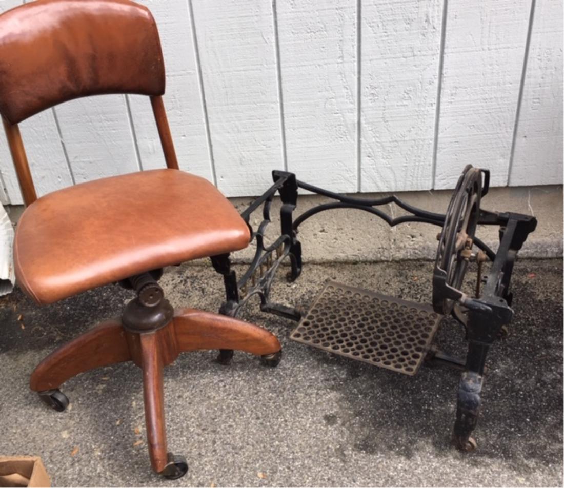 Vintage Desk chair,Antique White Cast Iron Treadle: Vintage Leather Upholstered and Wood Desk chair on castors along with Antique "White" Cast Iron Sewing Treadle Base Chair 34"H, Treadle 21"H MTZU7612/2 MM