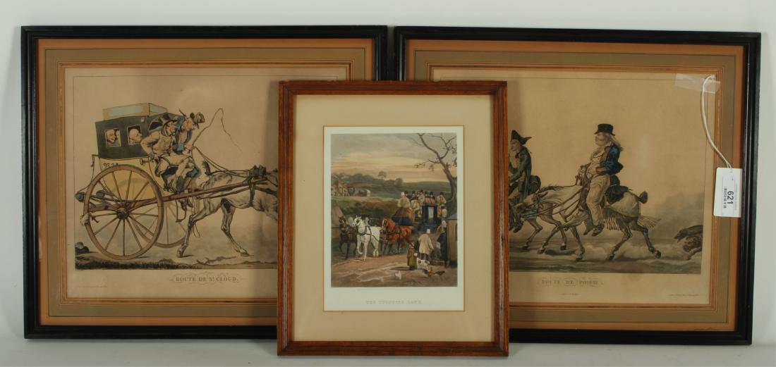 2 C.Vernet Color Lithos., Shayer Print: Satirical/humorous Carle Vernet (French 1758-1836) hand colored lithos. titled "Route St. Cloud" and "Route De Poissy", both with typical matting, framing; hand inked mats. Color litho. after W.J. Sha