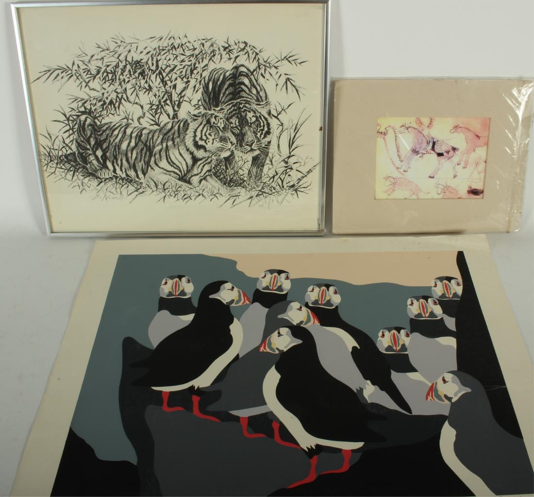 Bo Newell Litho., "Puffin Watch" Silkscreen, Photo: Framed litho. of tigers, signed in plate LL. "Puffin" signed and dated, edition #'ed 29/60, all in pencil; no frame. Photo of a Native American painting, matted. litho. 16"H x 20 puffin 21.5 28 photo 
