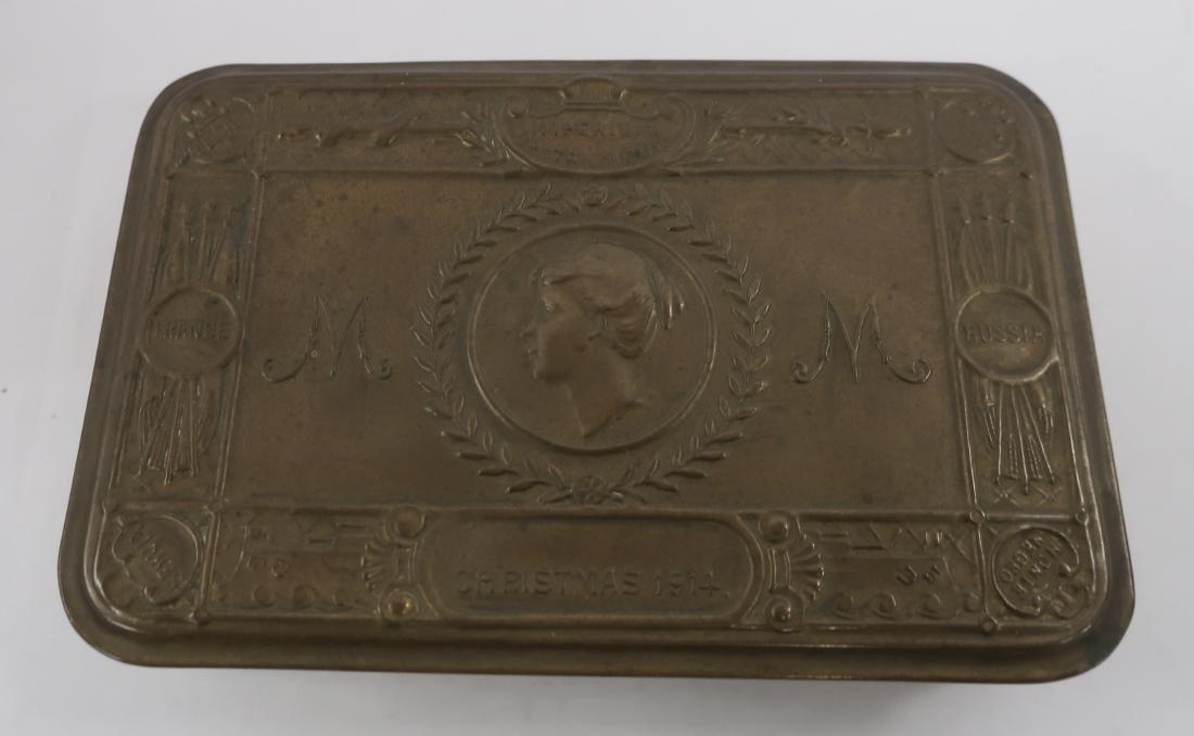 Mary, Princess Royal & Countess of Harwood Gift: Her 1914 Christmas gift to the troops, being a brass box originally containing a card and 18 cigarettes each printed with her name 1 1/4" H x 5 1/4" L x 3 1/4" D MIKA45-170 WT