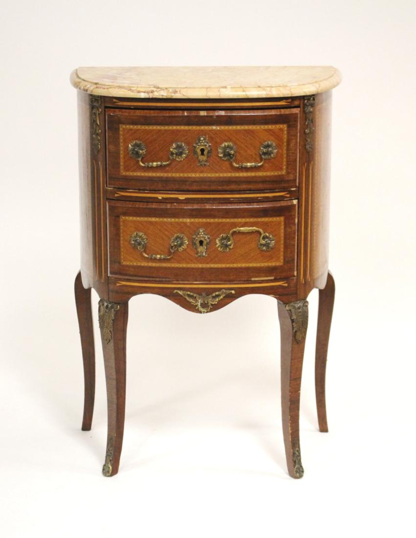 Louis XV Petit Commode: Marble top, inlaid fruitwood with ormolu mounts, slightly bowed front. 32 H x 22 W x 12.5 D QSKH6142 WT