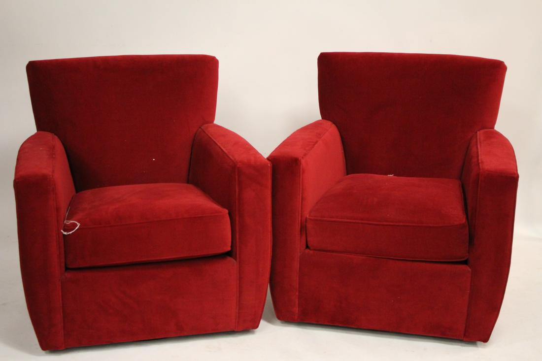 Pair of Crate & Barrel Swivel Upholstered Chairs: Pair of Crate & Barrel Swivel Upholstered Arm Chairs, in red velvet fabric 35"H x 32"W x 34"D ROCO6548/2 MM